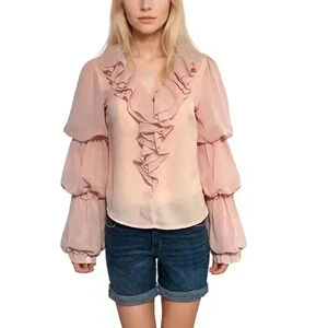 Nylon Premium Peach Layered Bubble Sleeve Blouse Size Small